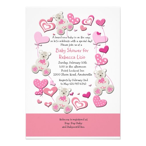 Teddy Bears & Heart Balloons Pink Invitation (front side)