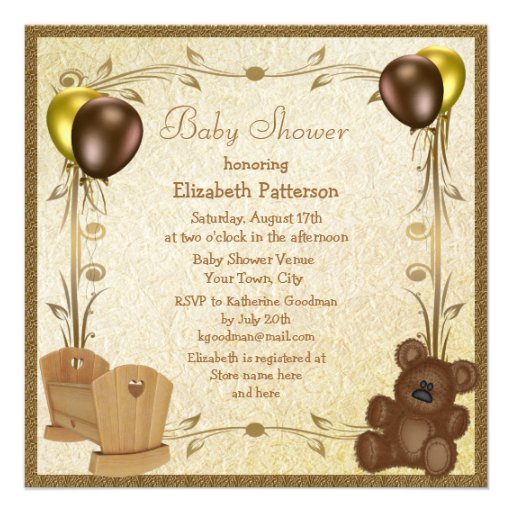 Teddy & Crib Vintage Brown & Gold Baby Shower Custom Invitations