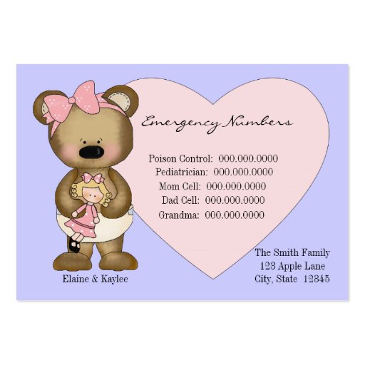 Teddy Emergency Numbers Babysitters Card Business Card Templates