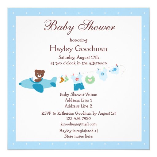 Teddy in Plane & Clothesline Blue Baby Shower Personalized Invite