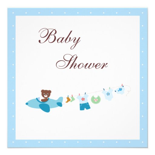 Teddy in Plane & Clothesline Blue Baby Shower Personalized Invite