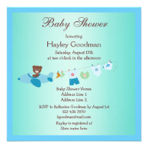 Teddy in Plane & Clothesline Blue Baby Shower Personalized Announcement