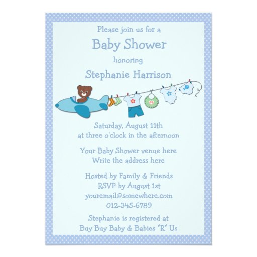 Teddy in Plane & Clothesline Blue Boy Baby Shower Cards