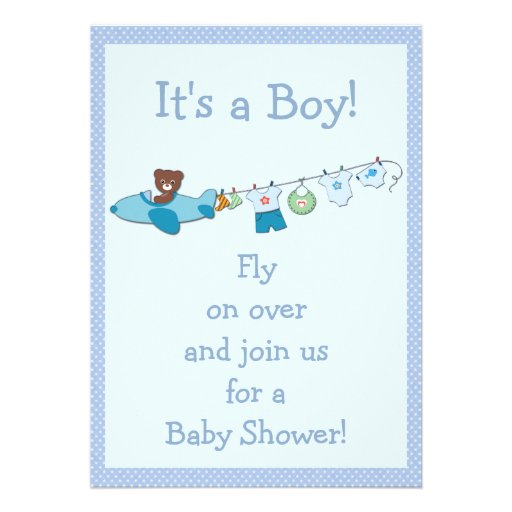 Teddy in Plane & Clothesline Blue Boy Baby Shower Cards