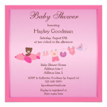 Teddy in Plane & Clothesline Pink Baby Shower Announcements