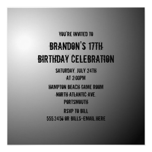 Teen Boy's Black and Gray Custom Birthday Invite