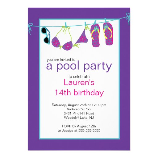 Teen Pool Party Invitation Flip Flops Clothesline (front side)