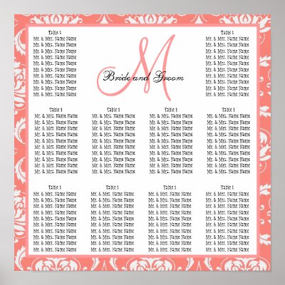 Template Wedding Seating Chart Damask Coral Pink Print by monogramgallery