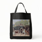 grocerytote - The family outing is interrupted with a car breakdown. The pups are waiting in the car while the adult dogs lay around waiting for the repairs to be completed. One dog is under the car doing the repairs. This is a delightful vintage scene.: Sizes  Available colors: black