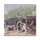 square_magnet - The family outing is interrupted with a car breakdown. The pups are waiting in the car while the adult dogs lay around waiting for the repairs to be completed. One dog is under the car doing the repairs. This is a delightful vintage scene.: Sizes 