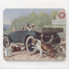 standard_mousepad - The family outing is interrupted with a car breakdown. The pups are waiting in the car while the adult dogs lay around waiting for the repairs to be completed. One dog is under the car doing the repairs. This is a delightful vintage scene.: Sizes 