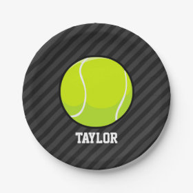 Tennis Ball on Black & Dark Gray Stripes 7 Inch Paper Plate
