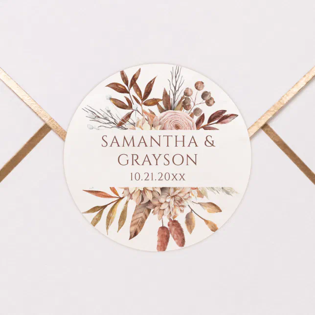 Terracotta Rust Flowers Boho Fall Foliage Wedding Classic Round Sticker