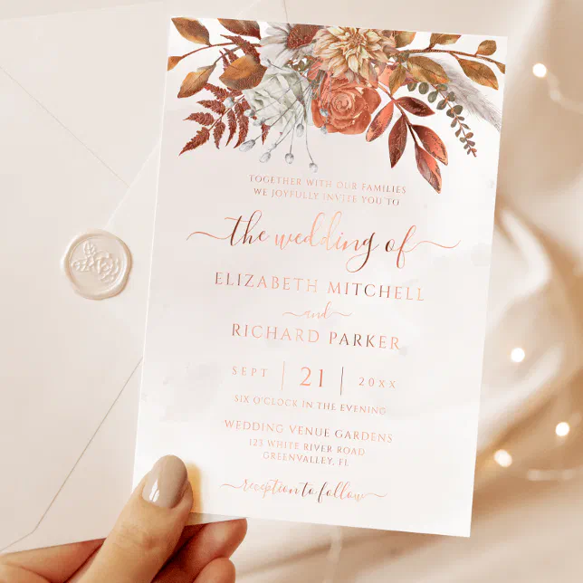 Terracotta Rust Flowers Boho Fall Foliage Wedding Foil Invitation Zazzle