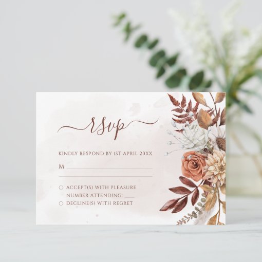 Terracotta Rust Flowers Boho Fall Foliage Wedding Rsvp Card Zazzle