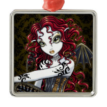 terri, red, tattoo, gothic, fairy, boots, corset, couture, faery, faerie, fae, faeries, fairies, pixie, big, eyed, fantasy, art, mika, myka, jelina, Ornament with custom graphic design