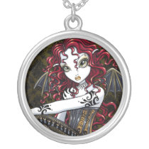 terri, red, tattoo, rose, gothic, fairy, boots, corset, couture, faery, faerie, fae, faeries, fairies, pixie, big, eyed, fantasy, art, mika, myka, jelina, Necklace with custom graphic design