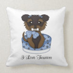 Terrier Pup in Bed (Boy) Throw Pillows