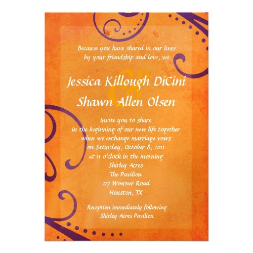 Textured Orange with Plum Swirls Wedding Invite