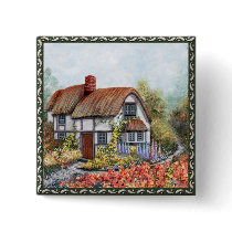 Thached Vintage Country Cottage Painting Pinback Buttons