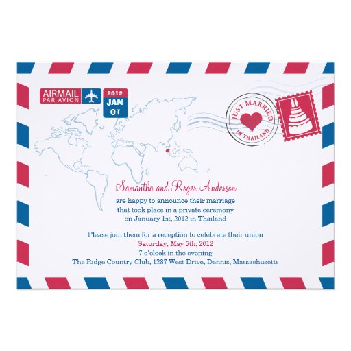 Thailand Air Mail Post Wedding Reception Custom Invite