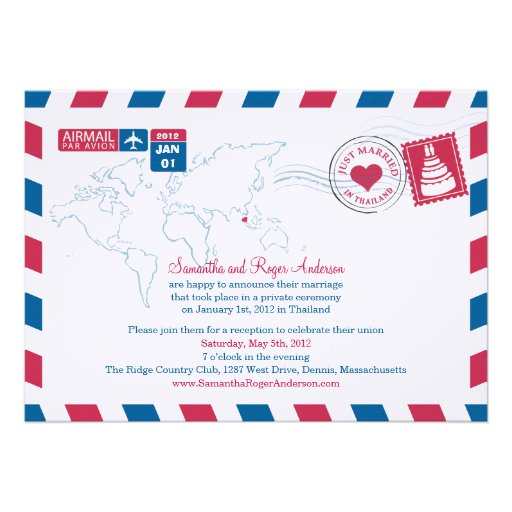 Thailand Air Mail Post Wedding Reception Personalized Announcements