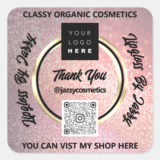 Thank Business QR Code Logo Rose Gold Glitter Square Sticker Zazzle