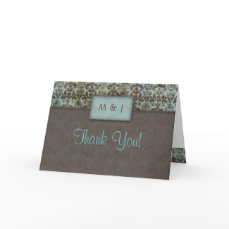 Thank You Damask Blue Brown Greeting Card card