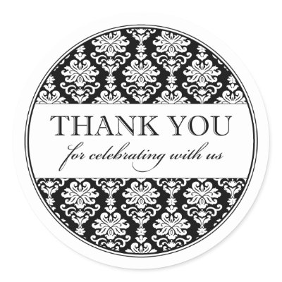 Wedding Favor Stickers on Thank You Favor Sticker Black White Damask