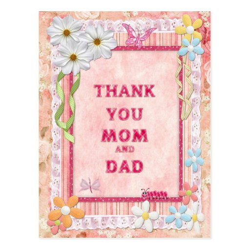 Thank you mom and dad, flowers craft card postcard Zazzle