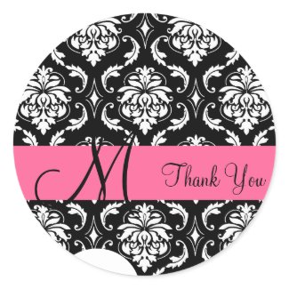 Thank You Pink Damask Monogram Wedding Label sticker