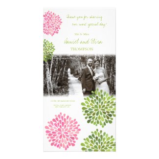 Thank You Pink & Green Blooms Wedding Photo Photo Card Template