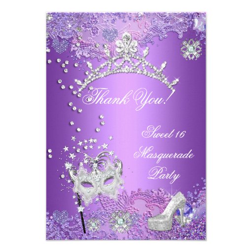 Thank You Purple Sweet  Sixteen 16 Masquerade Personalized Announcements
