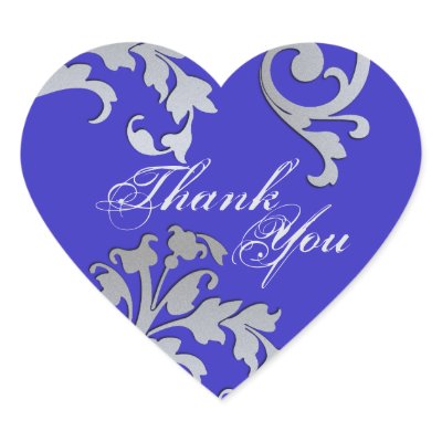 Thank You Seal - Blue & Silver Floral Wedding Heart Stickers