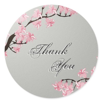 Thank You Seal Grey Pink Cherry Blossom Wedding Round Stickers