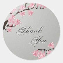 Thank You Seal Grey Pink Cherry Blossom Wedding Round Stickers