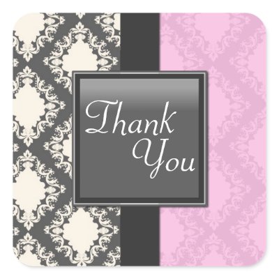 Thank You Seal - Light Pink &amp; White Damask Wedding Square Sticker
