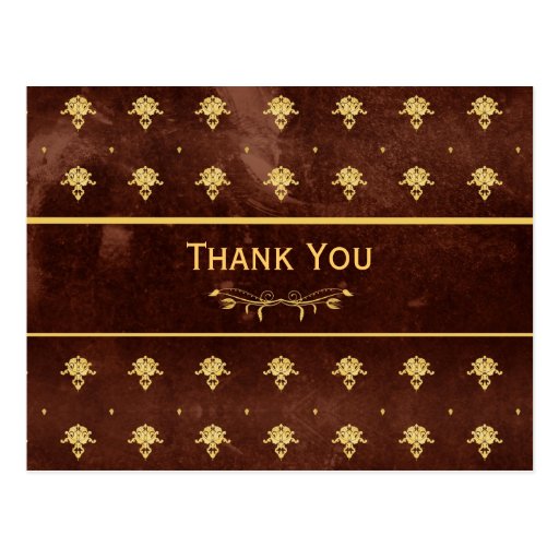 Thank You Vintage Leather Brown and Gold Damask Postcard | Zazzle