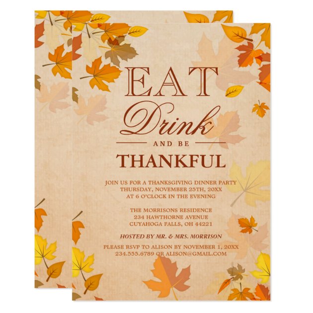 Thankful Autumn Leaves Thanksgiving Dinner Party Card (front side)