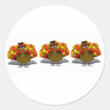 Thanksgiving Cartoon Turkey Pilgrim Round Stickers