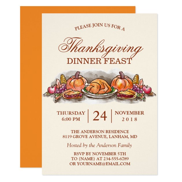 Thanksgiving Dinner Feast with Turkey Pumpkin Card (front side)
