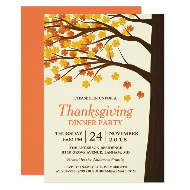 Thanksgiving Dinner Party Maple Leaves Autumn Tree Card (front side)