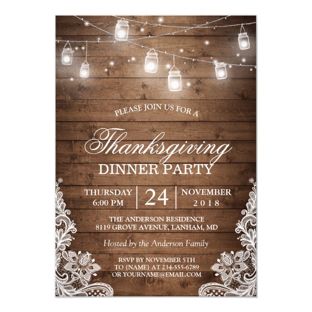 Thanksgiving Dinner Rustic Wood String Lights Lace Card (front side)