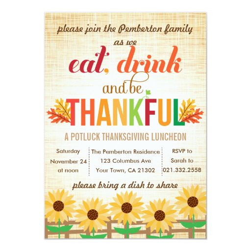 Thanksgiving Lunch Potluck Eat Drink Give Thanks Personalized Announcements (front side)