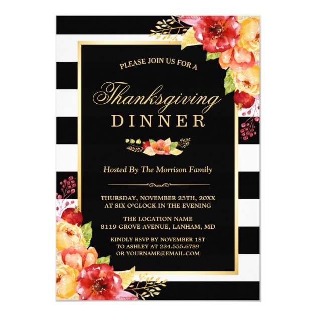 Thanksgiving Party Autumn Gold Red Floral Stripes Card (front side)