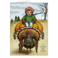 Thanksgiving Turkey Boy Riding Pumpkin Card