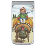 Thanksgiving Turkey Boy Riding Pumpkin Silver Finish Money Clip