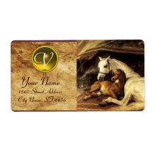 THE ARAB TENT WITH HORSES MONOGRAM brown yellow Custom Shipping Label