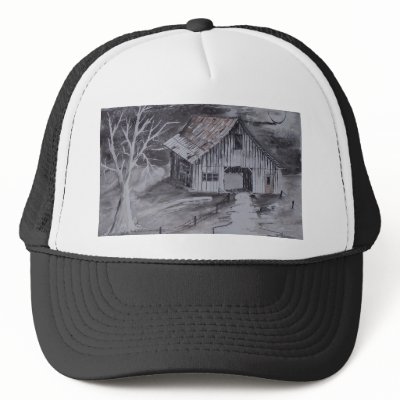 THE BARN folk art country painting drawing Trucker Hats by dereklovessheila