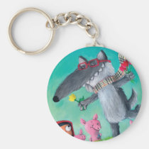artsprojekt, big bad wolf, fairy tale, red riding hood, three little pigs, wolf, red cap, red hood, friendly wolf, pigs, grimm&#39;s fairy tales, happy wolf, friandly tale, hipster, hippie, children illustration, Keychain with custom graphic design